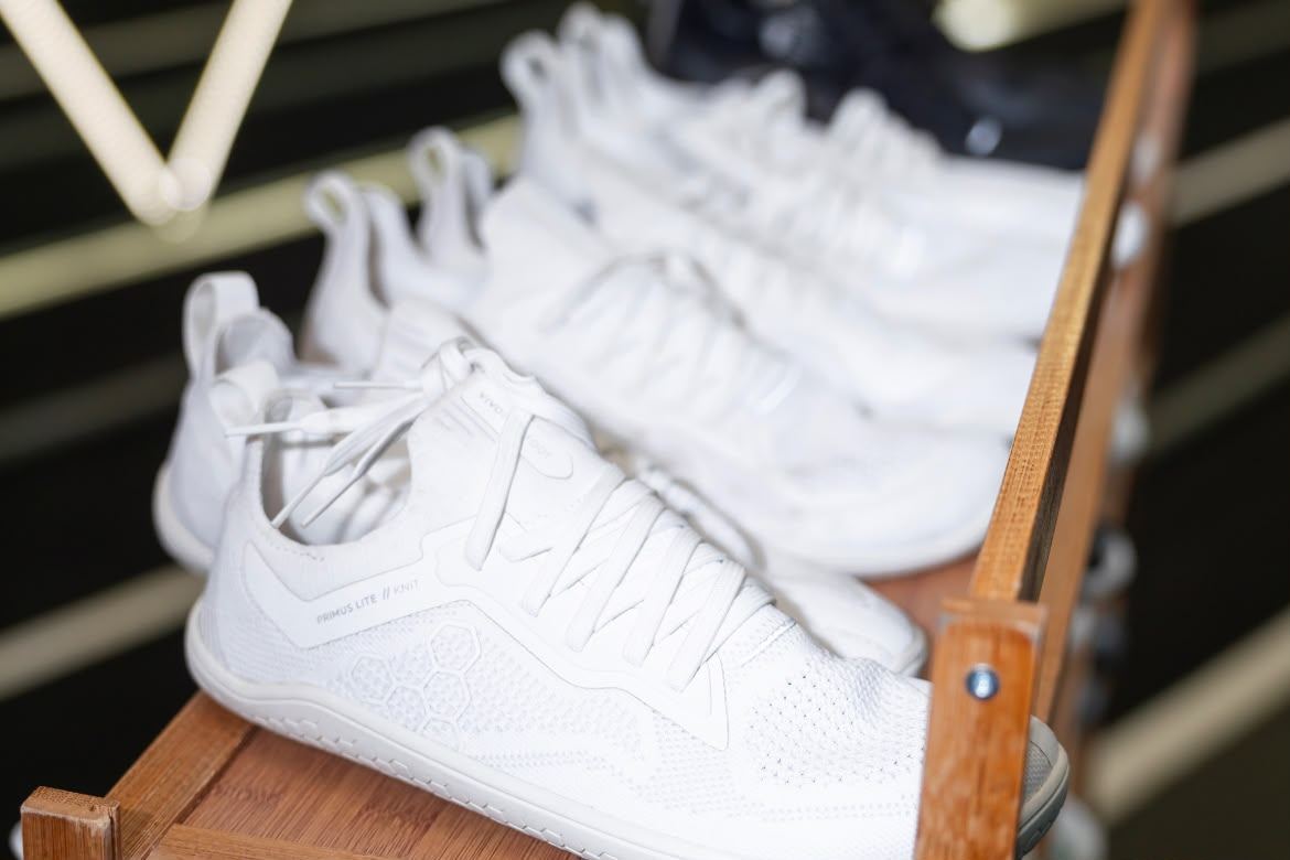 White Vivobarefoot shoes ready for a try-on session